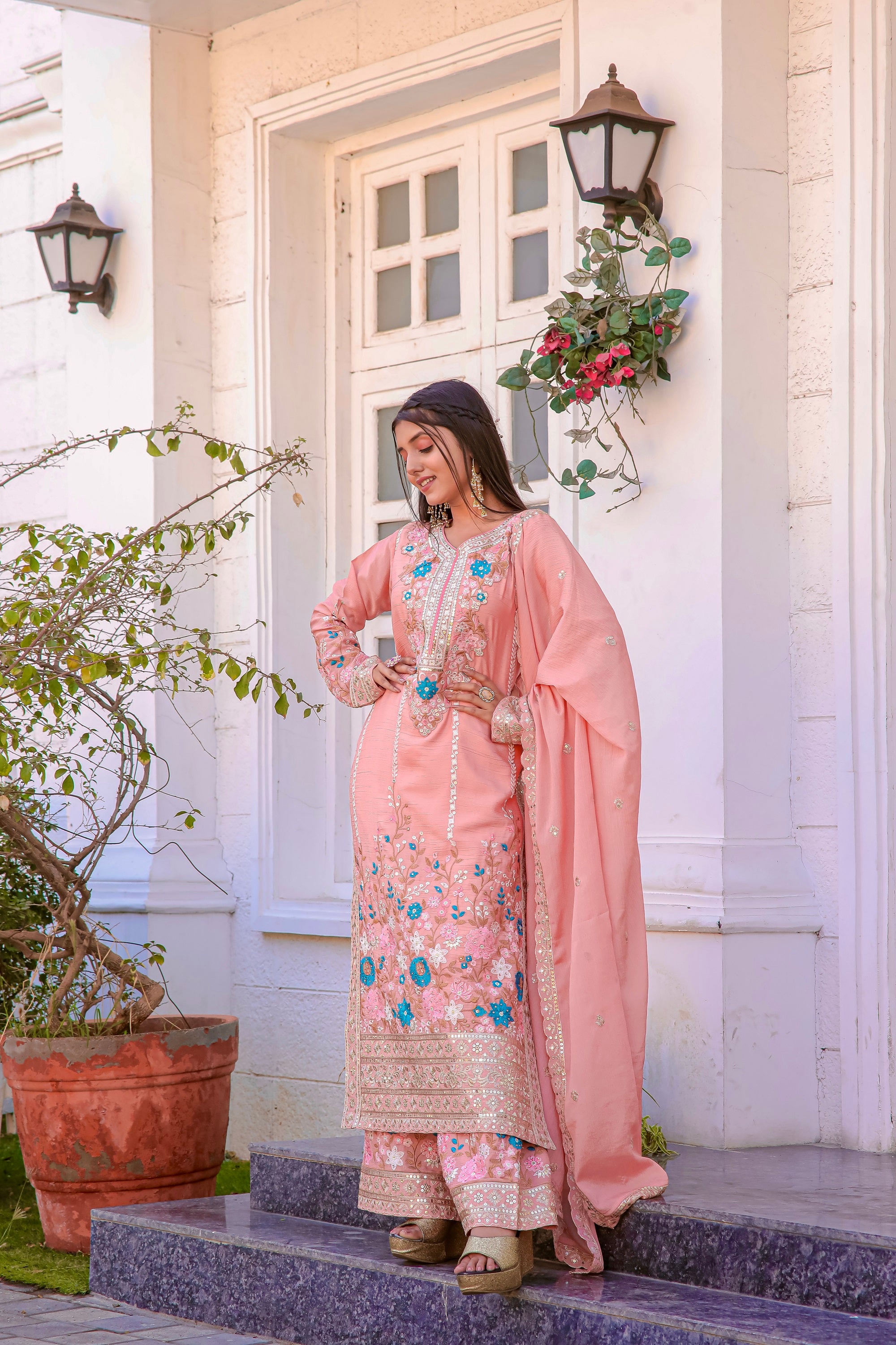 Teeya Creation Peach Color Chinon Silk Heavy Embroidery Work Fully Stitched Salwar Suit - Distacart