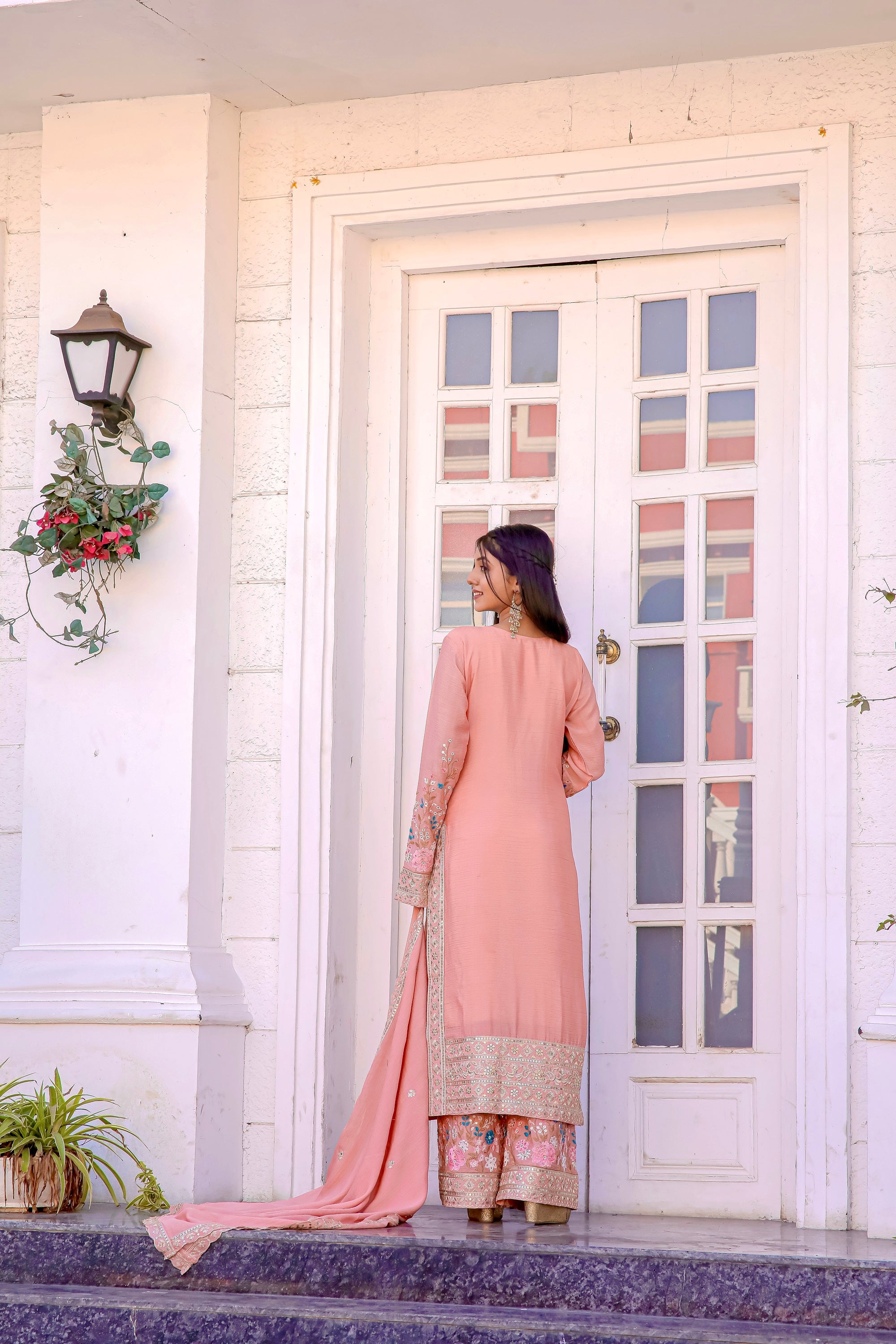 Teeya Creation Peach Color Chinon Silk Heavy Embroidery Work Fully Stitched Salwar Suit - Distacart