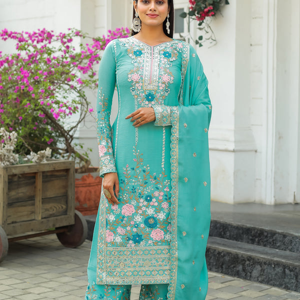 Teeya Creation Turquoise Color Chinon Silk Heavy Embroidery Work Fully Stitched Salwar Suit - Distacart