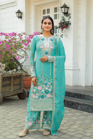Teeya Creation Turquoise Color Chinon Silk Heavy Embroidery Work Fully Stitched Salwar Suit - Distacart