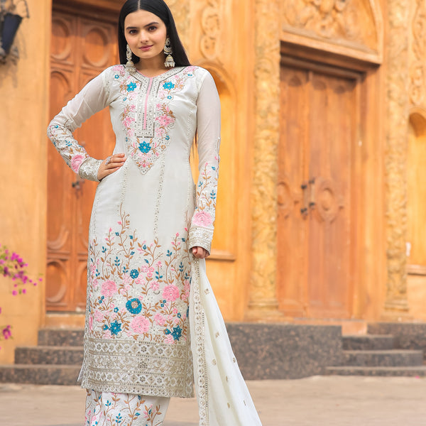 Teeya Creation White Color Chinon Silk Heavy Embroidery Work Fully Stitched Salwar Suit - Distacart