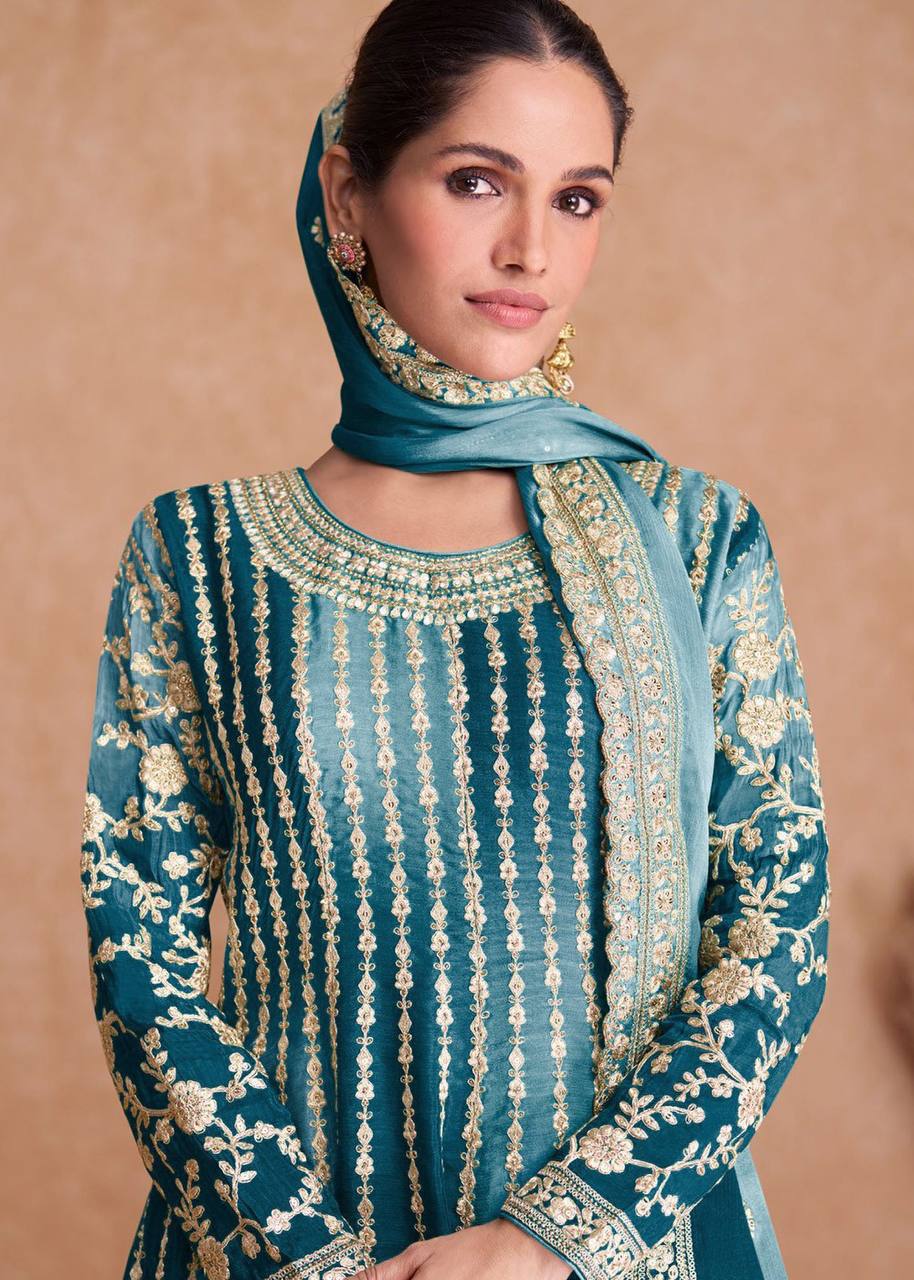 Teeya Creation Multi Colour Chinon Silk Heavy Embroidery Sequence Work Fully Stitched Salwar Suit - Distacart