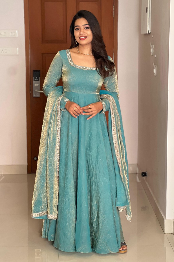 Teeya Creation Turquoise Colour Fendy Silk Two Ton Fully Stitched Gown - Distacart