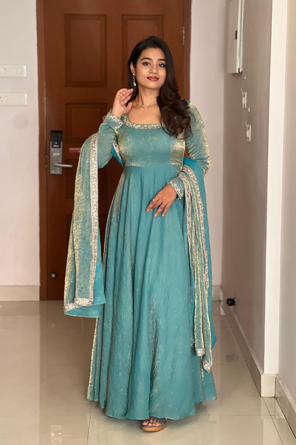 Teeya Creation Turquoise Colour Fendy Silk Two Ton Fully Stitched Gown - Distacart