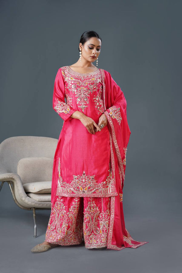 Teeya Creation Pink Colour Chinnon Silk Heavy Embroidery Work Fully Stitched Palazzo Pair - Distacart