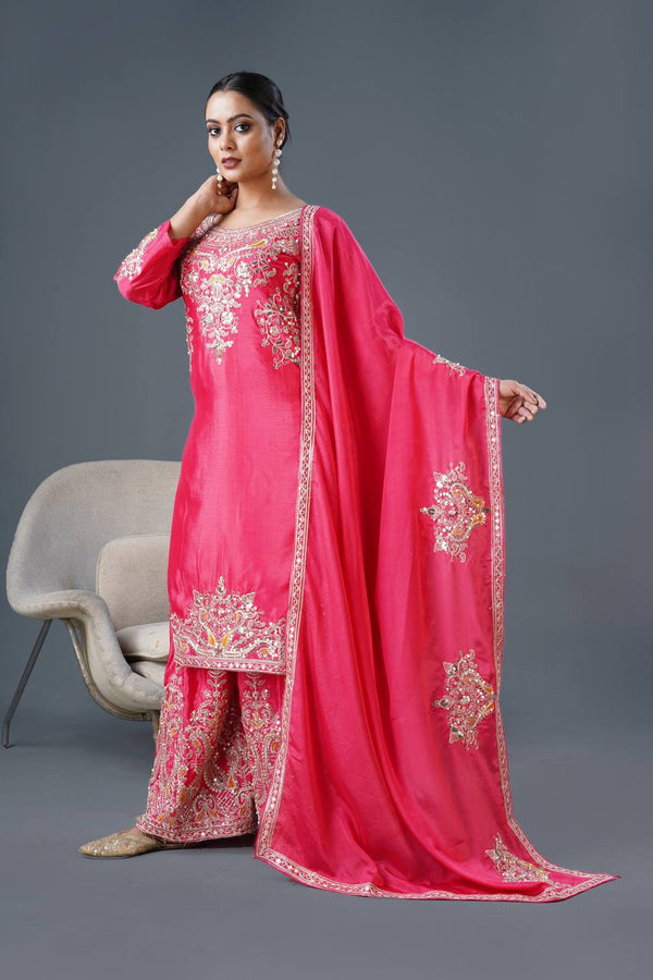 Teeya Creation Pink Colour Chinnon Silk Heavy Embroidery Work Fully Stitched Palazzo Pair - Distacart
