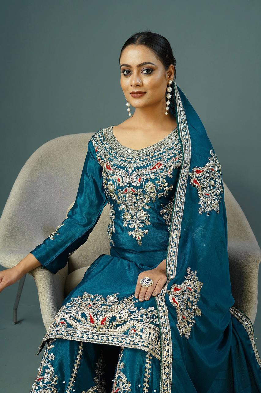 Teeya Creation Teal Colour Chinnon Silk Heavy Embroidery Work Fully Stitched Palazzo Pair - Distacart