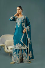 Thumbnail for Teeya Creation Teal Colour Chinnon Silk Heavy Embroidery Work Fully Stitched Palazzo Pair - Distacart