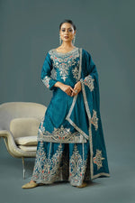 Thumbnail for Teeya Creation Teal Colour Chinnon Silk Heavy Embroidery Work Fully Stitched Palazzo Pair - Distacart