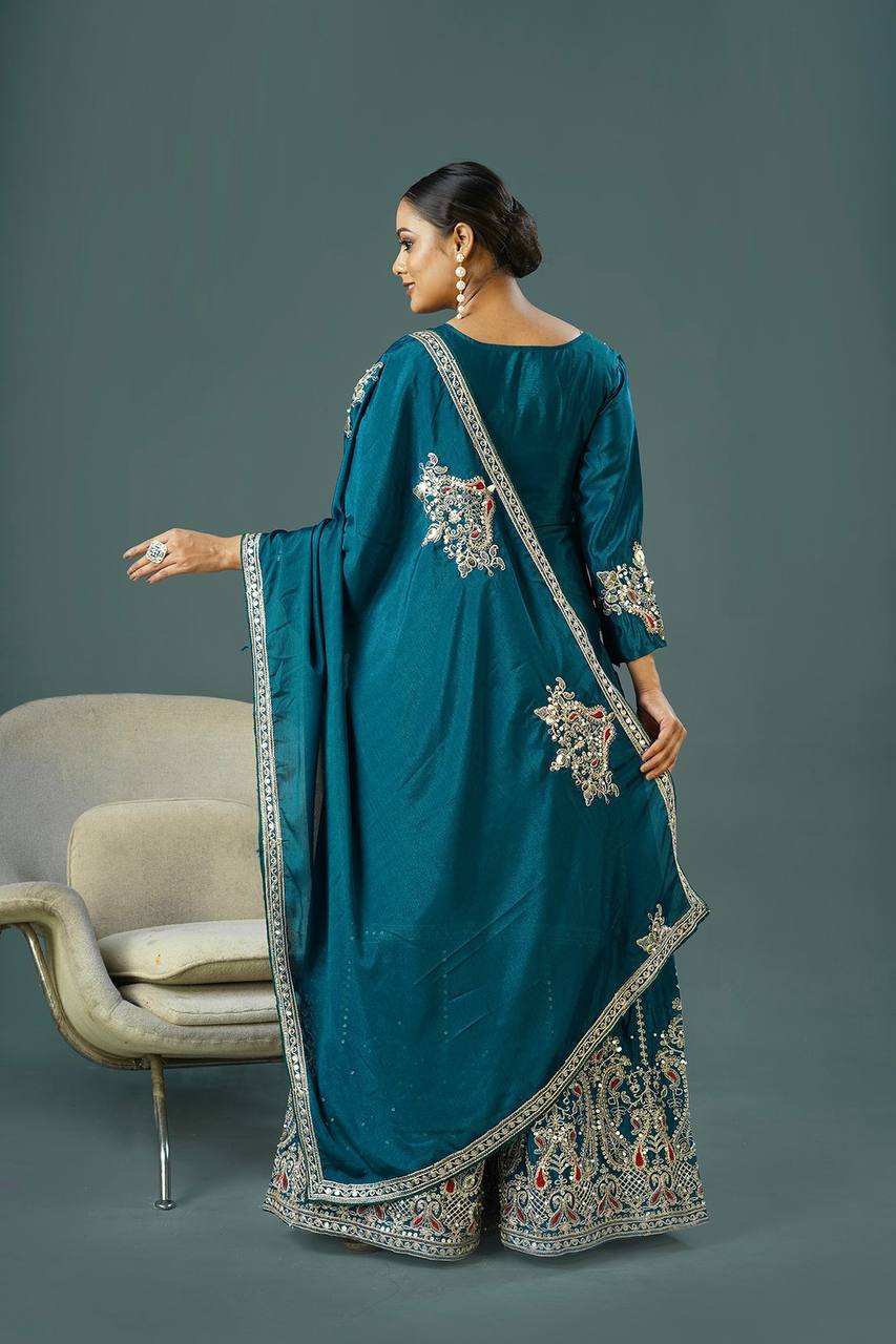 Teeya Creation Teal Colour Chinnon Silk Heavy Embroidery Work Fully Stitched Palazzo Pair - Distacart
