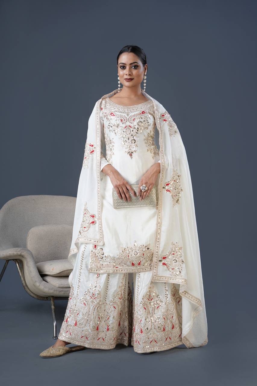 Teeya Creation White Colour Chinnon Silk Heavy Embroidery Work Fully Stitched Palazzo Pair - Distacart