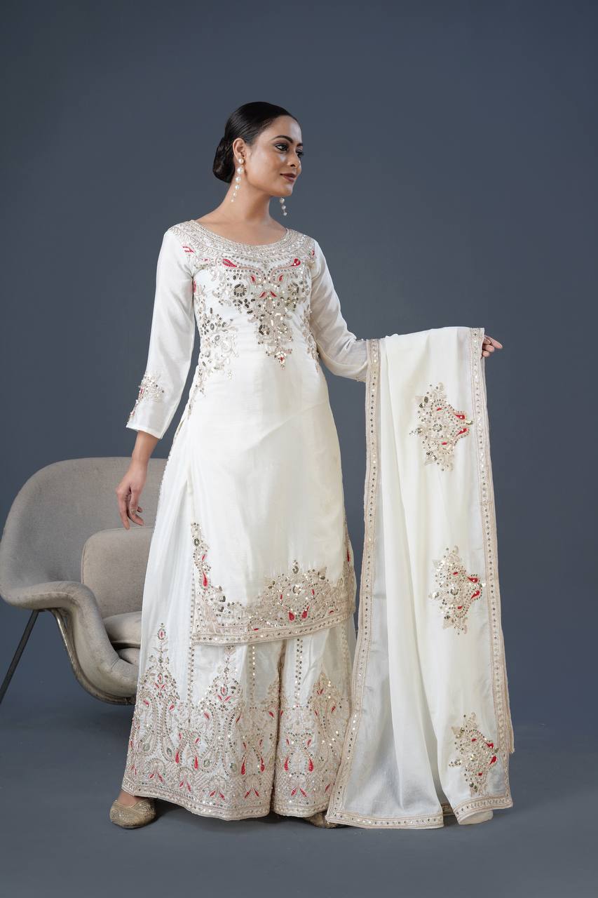 Teeya Creation White Colour Chinnon Silk Heavy Embroidery Work Fully Stitched Palazzo Pair - Distacart