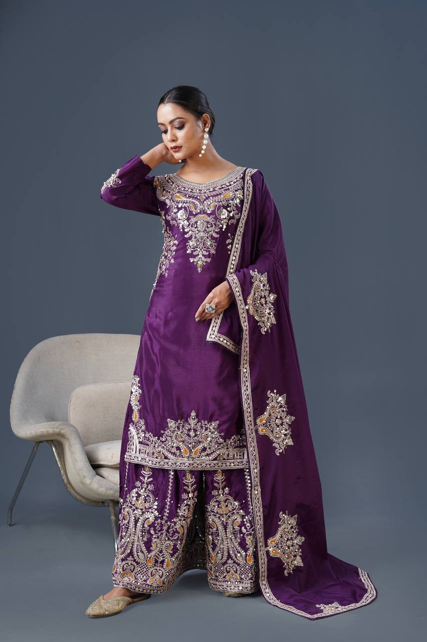 Teeya Creation White Colour Chinnon Silk Heavy Embroidery Work Fully Stitched Palazzo Pair - Distacart