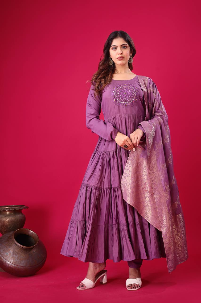 Teeya Creation Purple Colour Heavy Roman Silk Gown With Jacquard Dupatta - Distacart