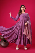 Thumbnail for Teeya Creation Purple Colour Heavy Roman Silk Gown With Jacquard Dupatta - Distacart