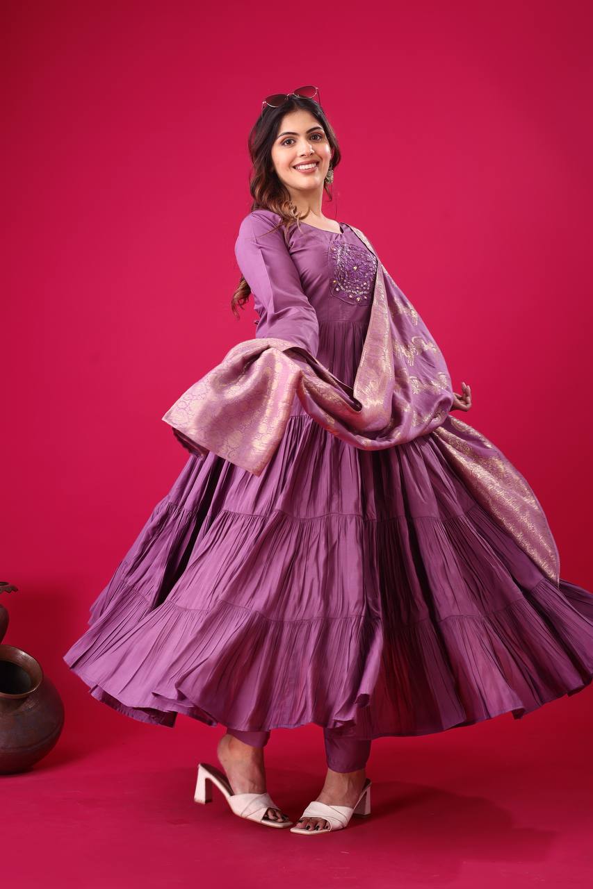 Teeya Creation Purple Colour Heavy Roman Silk Gown With Jacquard Dupatta - Distacart