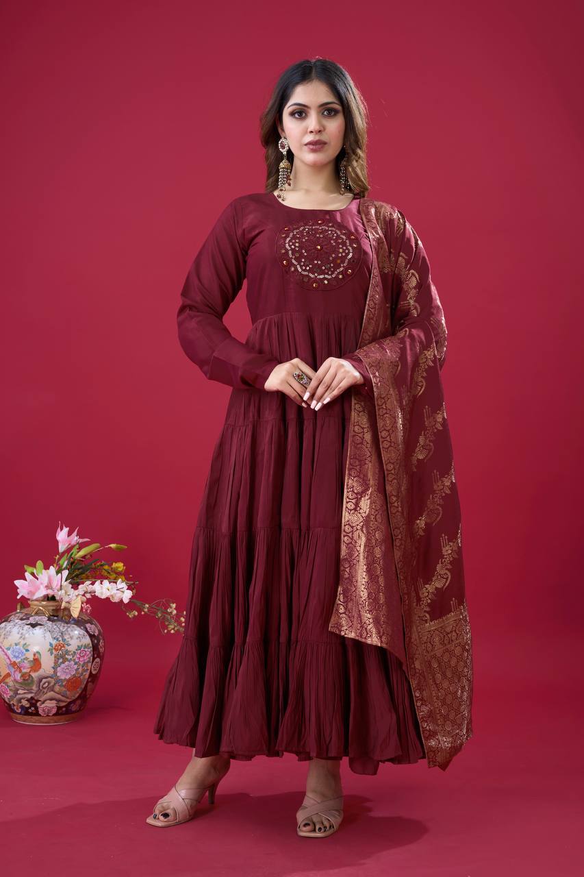 Teeya Creation Maroon Colour Heavy Roman Silk Gown With Jacquard Dupatta - Distacart