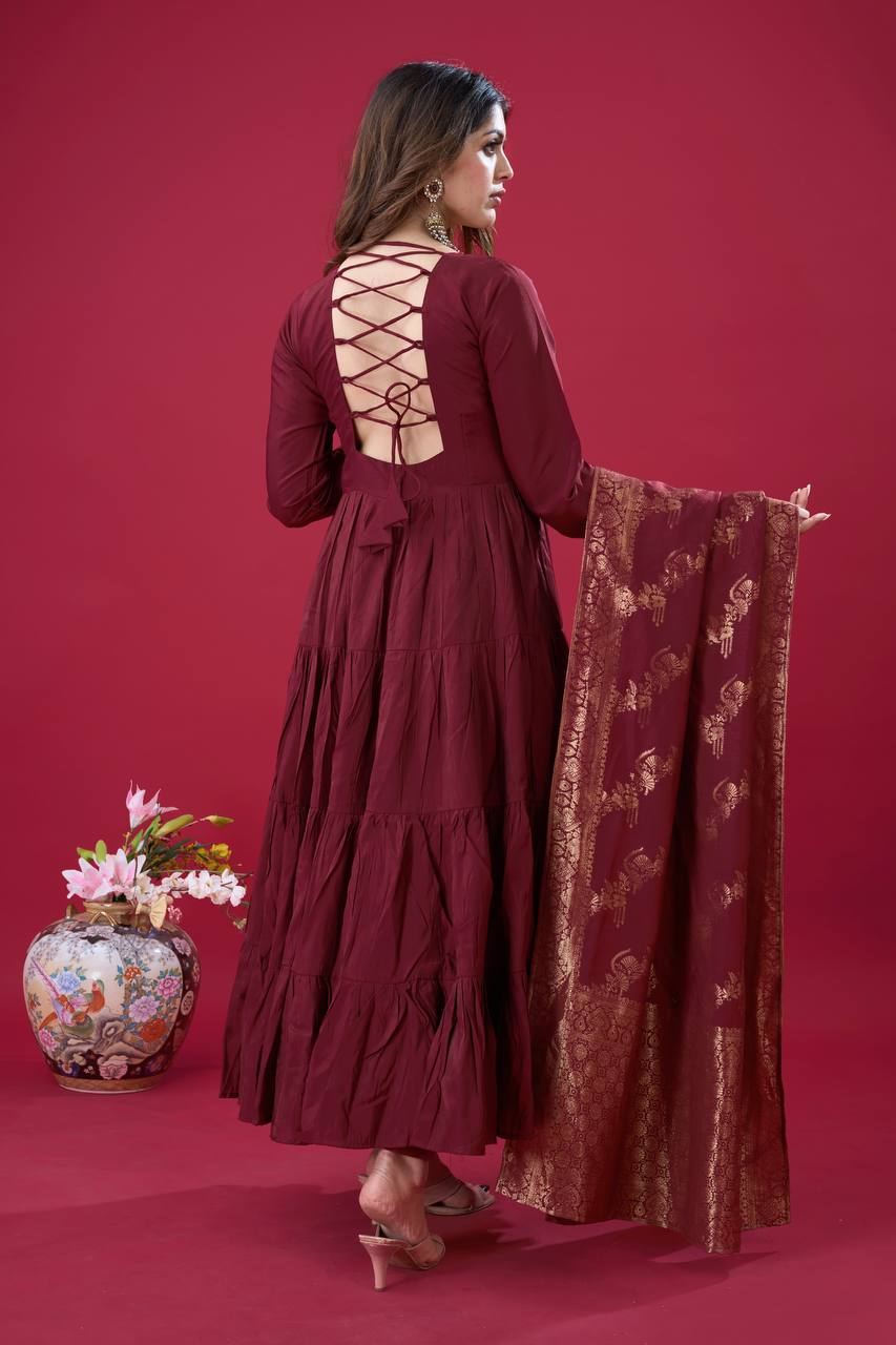 Teeya Creation Maroon Colour Heavy Roman Silk Gown With Jacquard Dupatta - Distacart