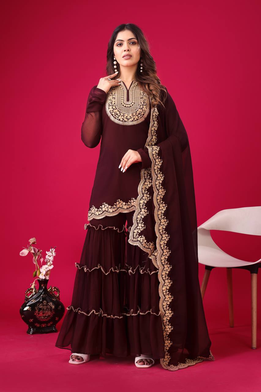 Teeya Creation Maroon Colour Faux Georgette Heavy Embroidery Work Fully Stitched Palazzo pair - Distacart