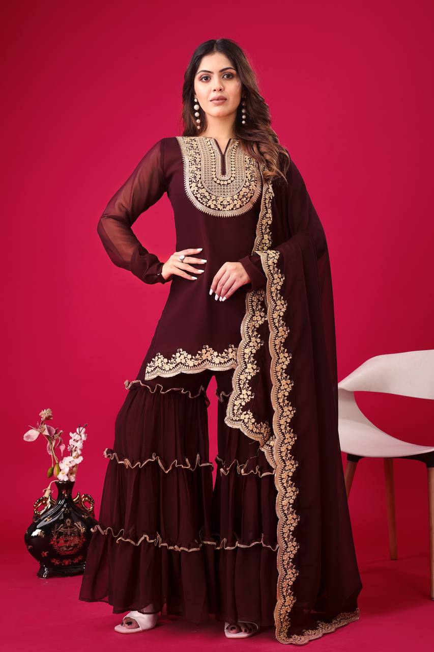 Teeya Creation Maroon Colour Faux Georgette Heavy Embroidery Work Fully Stitched Palazzo pair - Distacart