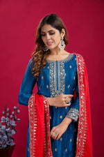 Thumbnail for Teeya Creation Blue Colour Chinon Silk Heavy Embroidery Work Fully Stitched Salwar Suit - Distacart