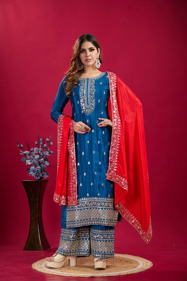 Teeya Creation Blue Colour Chinon Silk Heavy Embroidery Work Fully Stitched Salwar Suit - Distacart