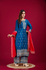 Thumbnail for Teeya Creation Blue Colour Chinon Silk Heavy Embroidery Work Fully Stitched Salwar Suit - Distacart