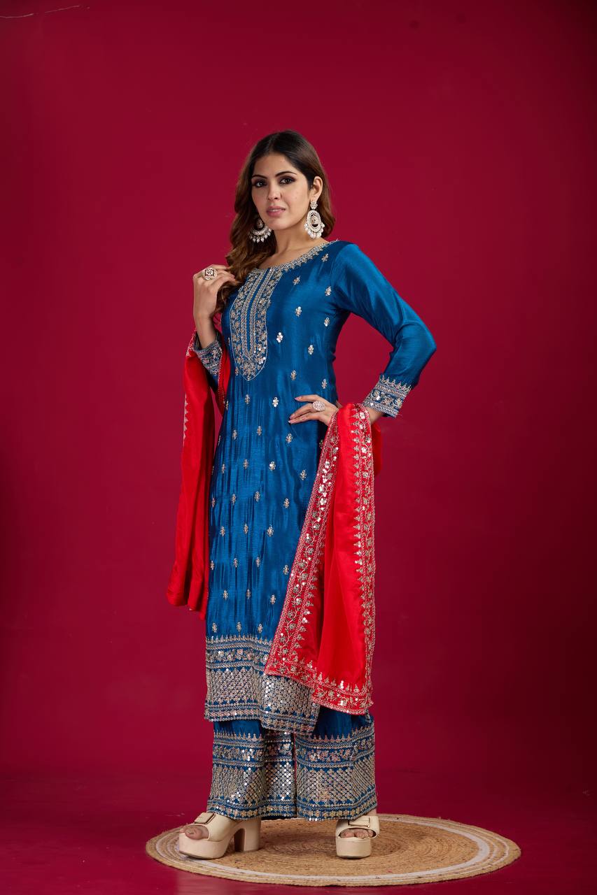 Teeya Creation Blue Colour Chinon Silk Heavy Embroidery Work Fully Stitched Salwar Suit - Distacart