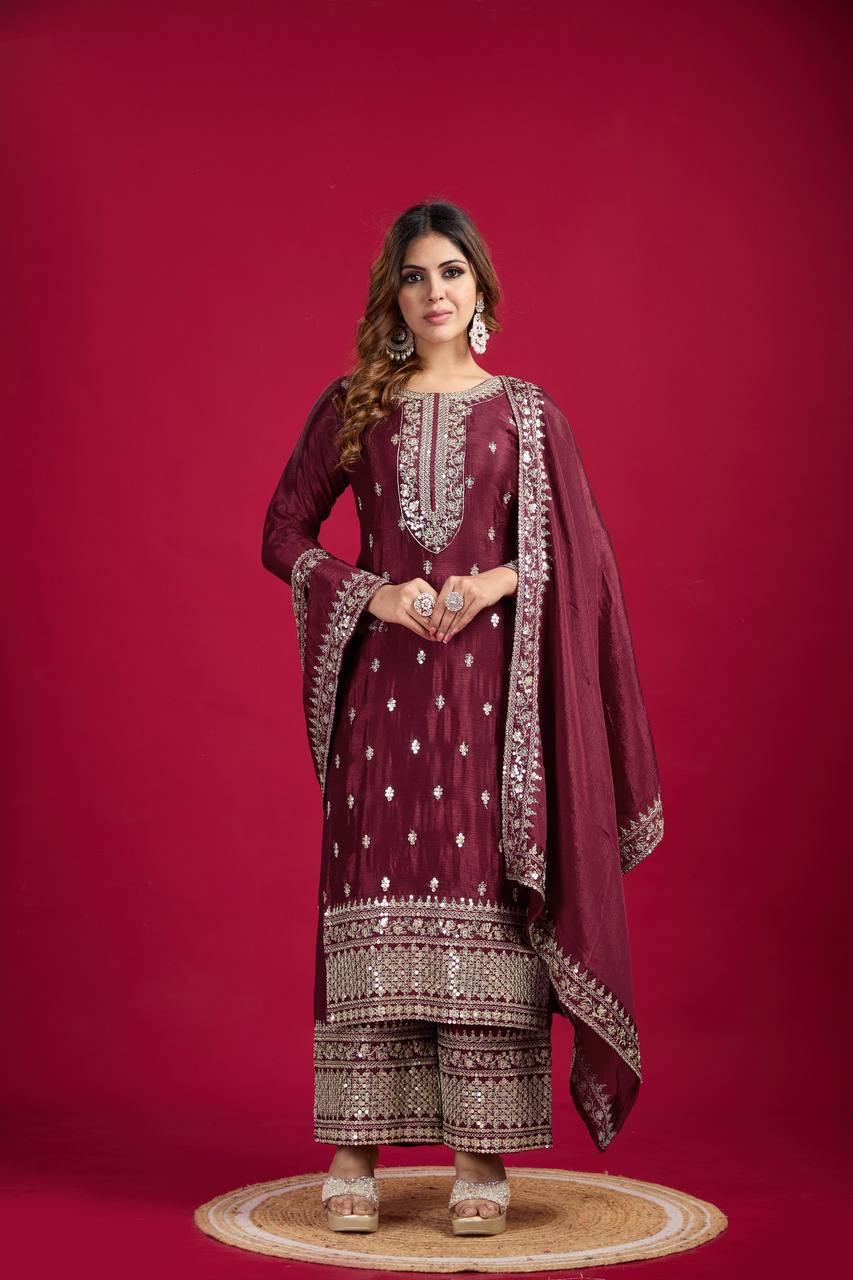Teeya Creation Maroon Colour Chinon Silk Heavy Embroidery Work Fully Stitched Salwar Suit - Distacart