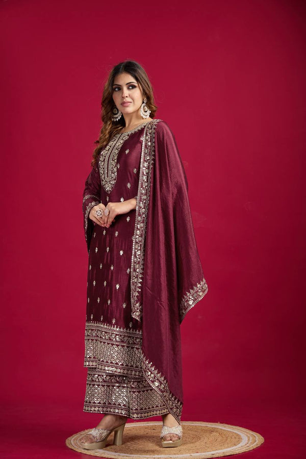 Teeya Creation Maroon Colour Chinon Silk Heavy Embroidery Work Fully Stitched Salwar Suit - Distacart