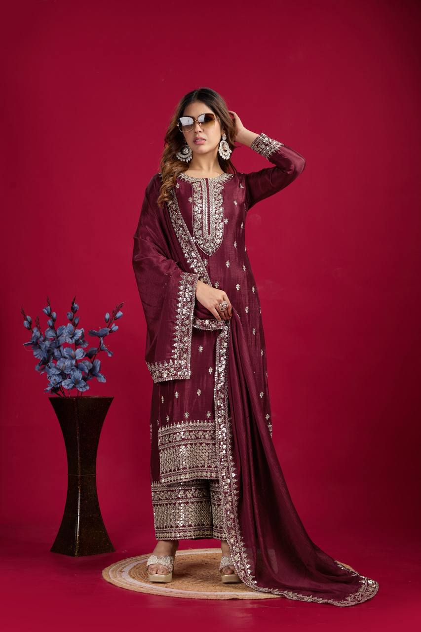Teeya Creation Maroon Colour Chinon Silk Heavy Embroidery Work Fully Stitched Salwar Suit - Distacart