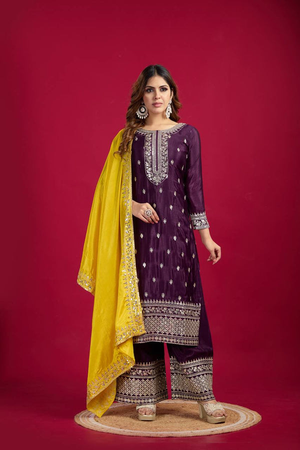 Teeya Creation Wine Colour Chinon Silk Heavy Embroidery Work Fully Stitched Salwar Suit - Distacart