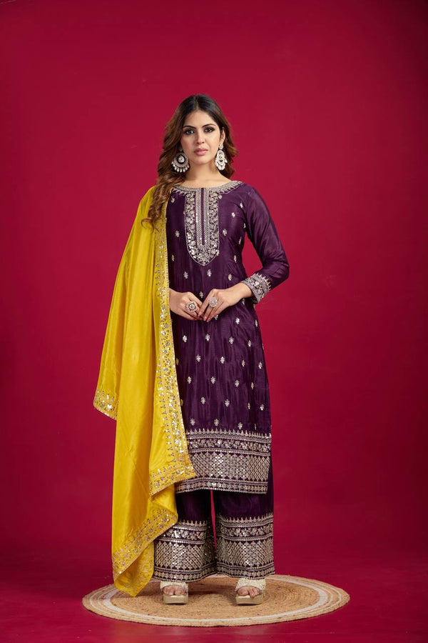 Teeya Creation Wine Colour Chinon Silk Heavy Embroidery Work Fully Stitched Salwar Suit - Distacart