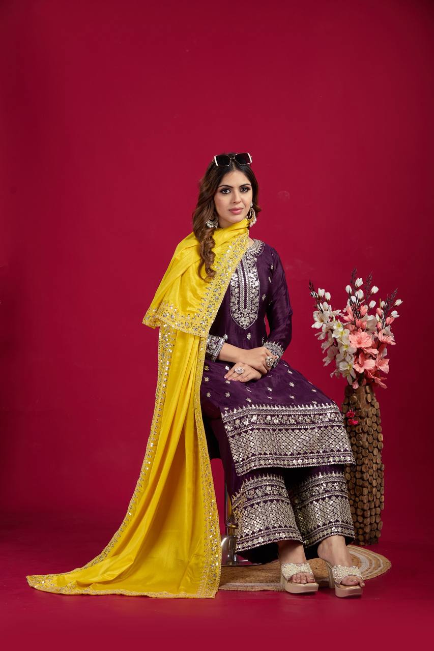 Teeya Creation Wine Colour Chinon Silk Heavy Embroidery Work Fully Stitched Salwar Suit - Distacart