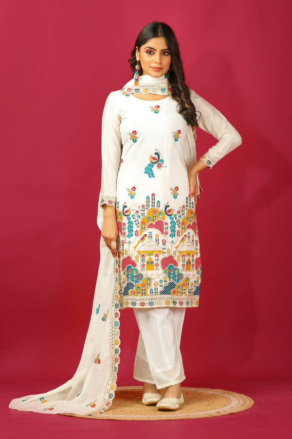 Teeya Creation White Colour Chinon Silk Heavy Embroidery Work Fully Stitched Salwar Suit - Distacart