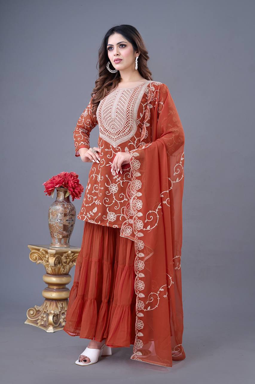Teeya Creation Fenta Colour Faux Georgette Heavy Embroidery Work Fully Stitched Sharara - Distacart