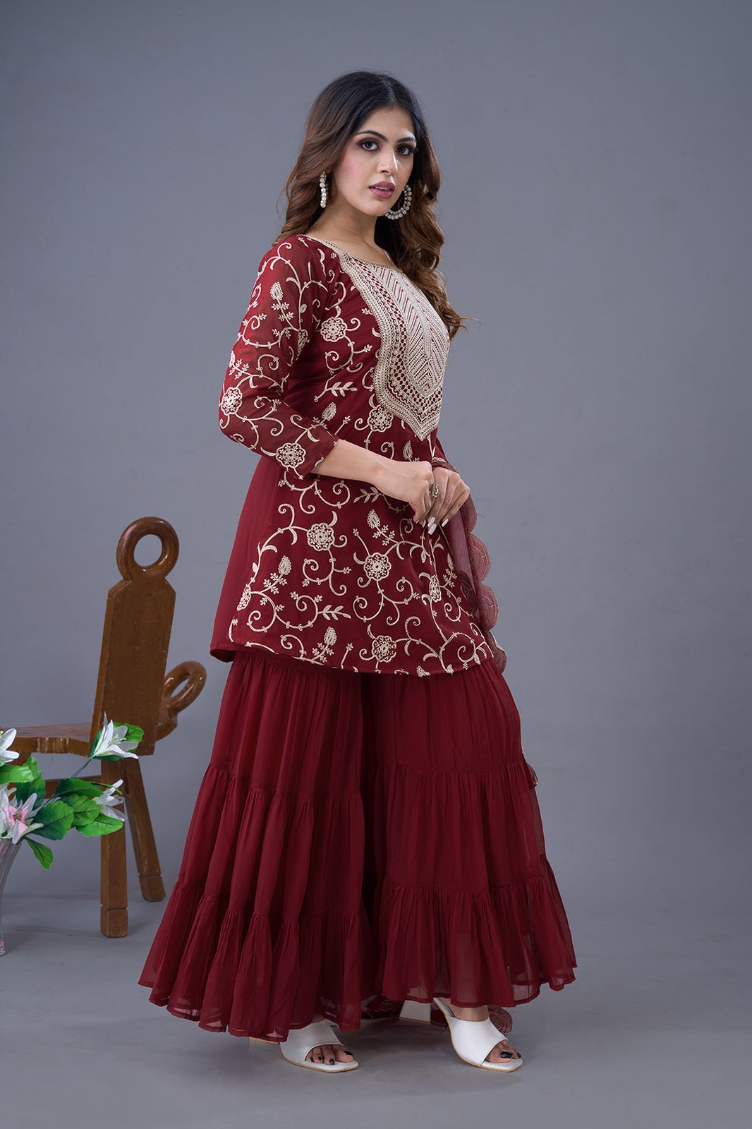 Teeya Creation Maroon Colour Faux Georgette Heavy Embroidery Work Fully Stitched Sharara - Distacart