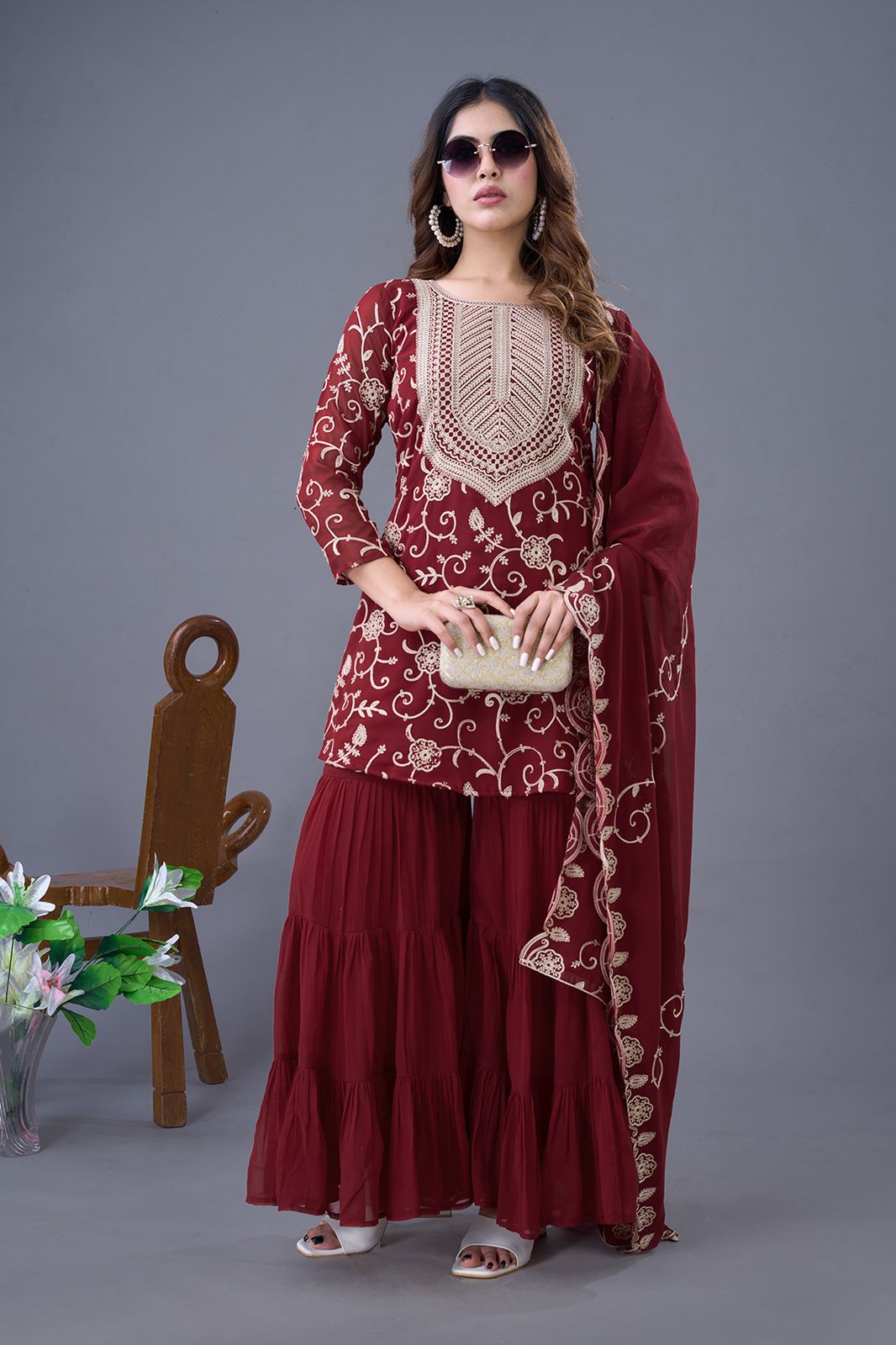 Teeya Creation Maroon Colour Faux Georgette Heavy Embroidery Work Fully Stitched Sharara - Distacart