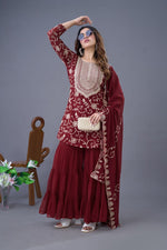 Thumbnail for Teeya Creation Maroon Colour Faux Georgette Heavy Embroidery Work Fully Stitched Sharara - Distacart