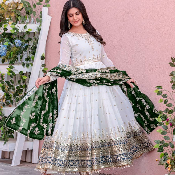 Teeya Creation White Colour Faux Georgette Heavy Embroidery Work Fully Stitched Gown - Distacart
