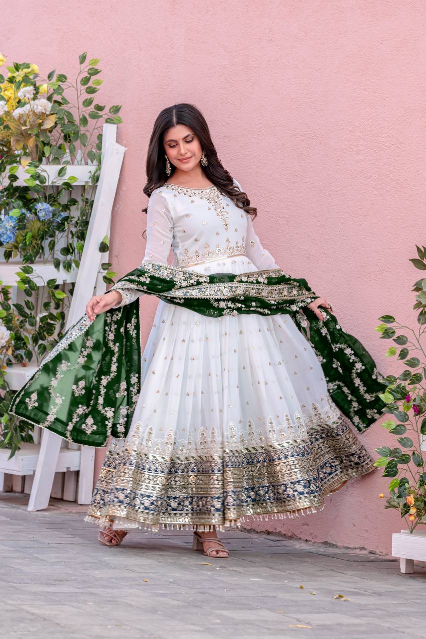 Teeya Creation White Colour Faux Georgette Heavy Embroidery Work Fully Stitched Gown - Distacart