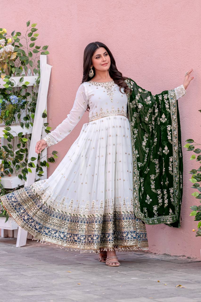 Teeya Creation White Colour Faux Georgette Heavy Embroidery Work Fully Stitched Gown - Distacart