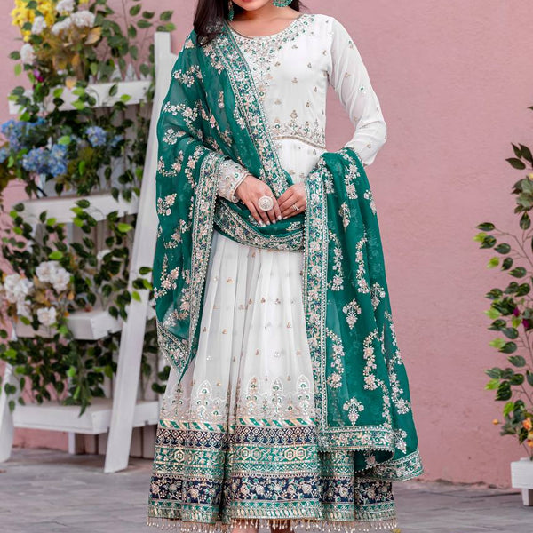 Teeya Creation White Colour Faux Georgette Heavy Embroidery Work Fully Stitched Gown - Distacart