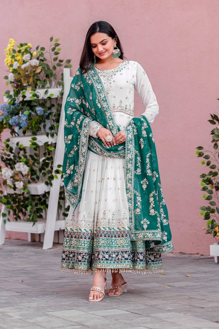 Teeya Creation White Colour Faux Georgette Heavy Embroidery Work Fully Stitched Gown - Distacart