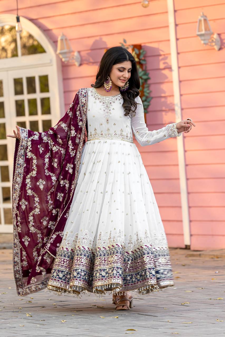 Teeya Creation White Colour Faux Georgette Heavy Embroidery Work Fully Stitched Gown - Distacart