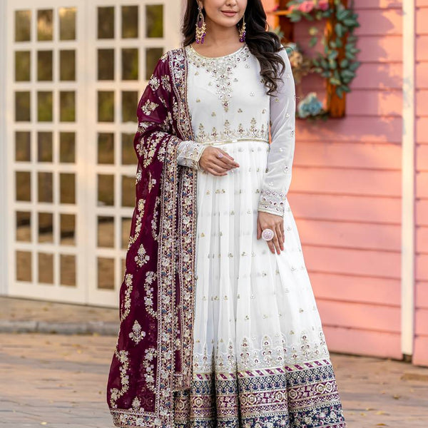 Teeya Creation White Colour Faux Georgette Heavy Embroidery Work Fully Stitched Gown - Distacart