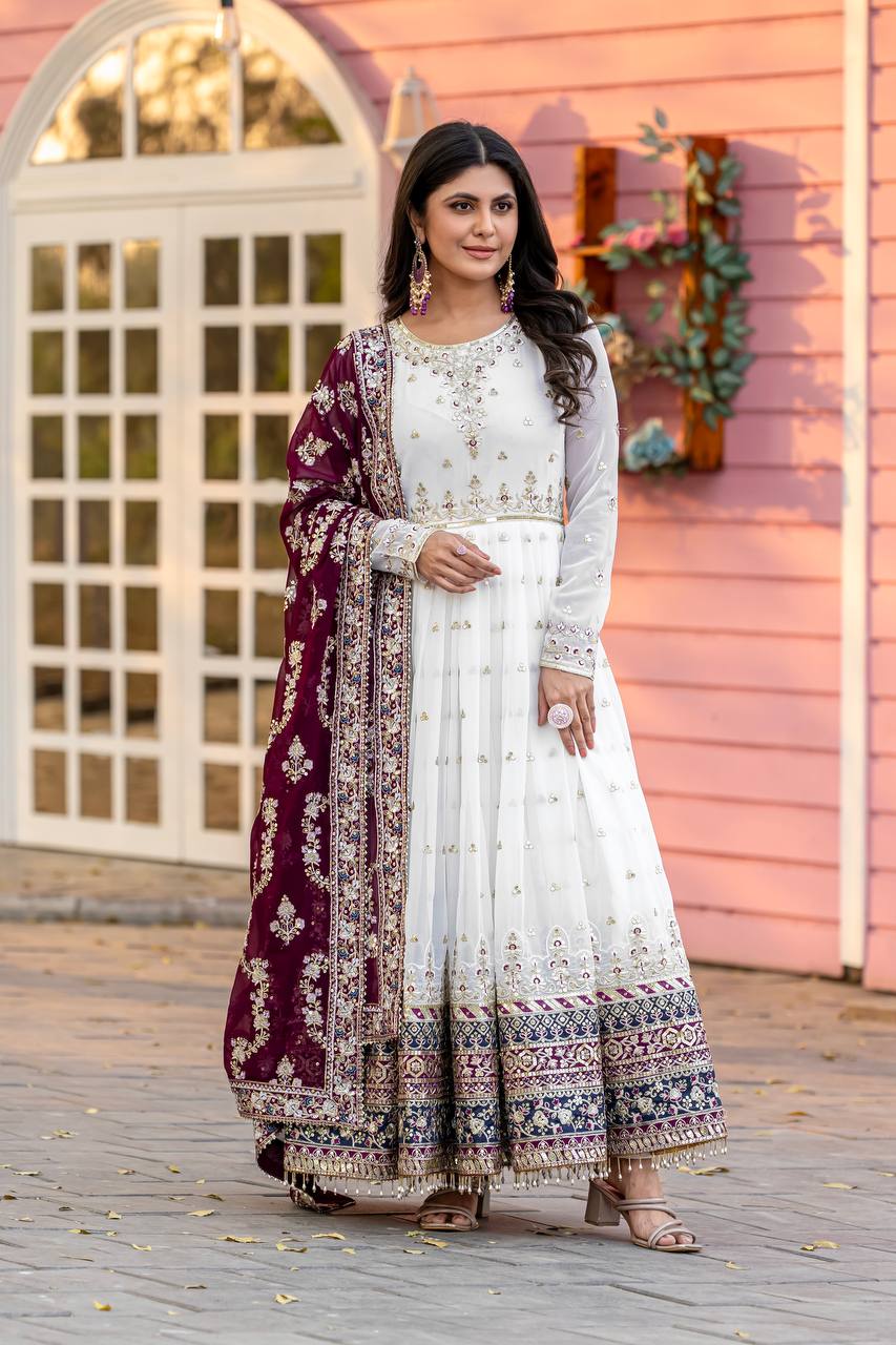 Teeya Creation White Colour Faux Georgette Heavy Embroidery Work Fully Stitched Gown - Distacart