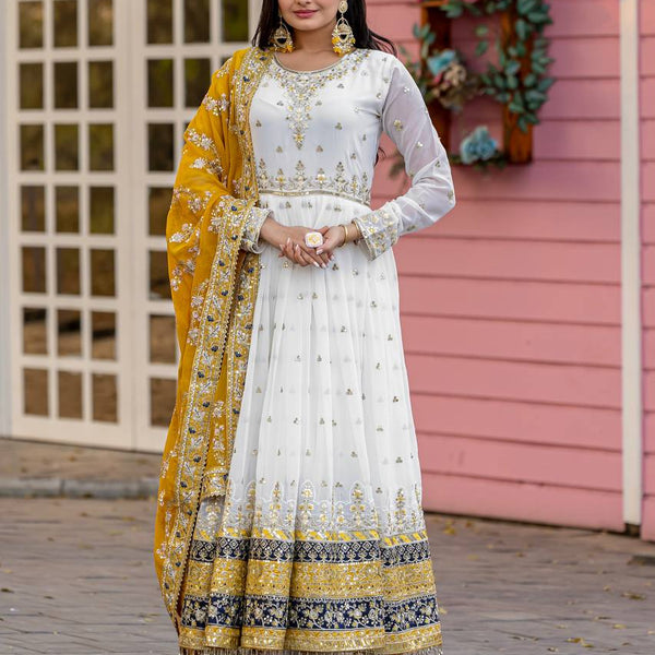 Teeya Creation White Colour Faux Georgette Heavy Embroidery Work Fully Stitched Gown - Distacart