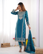 Thumbnail for Teeya Creation Teal Colour Chinon Silk Heavy Embroidery Work Fully Stitched Salwar Suit - Distacart