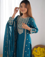 Thumbnail for Teeya Creation Teal Colour Chinon Silk Heavy Embroidery Work Fully Stitched Salwar Suit - Distacart